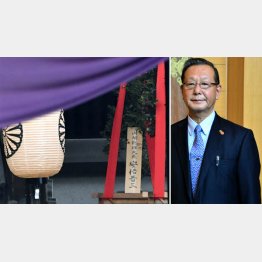 安倍首相は毎年奉納（右は小堀邦夫宮司）／（Ｃ）共同通信社