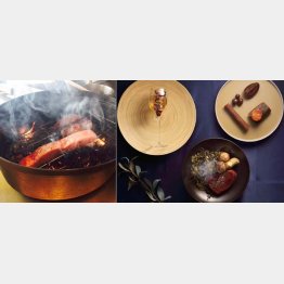 枯葉をいぶして作る神戸ビーフ料理（左）コース料理の一例（Ｃ）日刊ゲンダイ