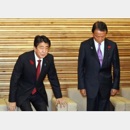 臨時閣議に臨む安倍首相（左）と麻生財務相／（Ｃ）共同通信社