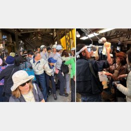 “人間の盾”を次々と突破（右は１８日午前、「お買い物ツアー」客に営業を続ける業者）／（Ｃ）日刊ゲンダイ