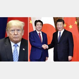 習国家主席と握手する安倍首相（代表取材・共同）、トランプ大統領（左）はカンカン