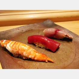 高級素材を使った足赤海老、鮪の漬け、鯖の握り（Ｃ）日刊ゲンダイ
