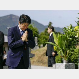 墓前で手を合わせる安倍首相（Ｃ）共同通信社