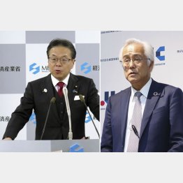 火花を散らす醜態（世耕経産相・左と田中ＪＩＣ社長）／（Ｃ）共同通信社
