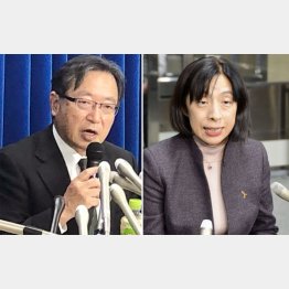 厚労省で記者団の取材に応じる定塚由美子官房長（左は樋口美雄特別監察委員長）／（Ｃ）共同通信社