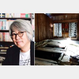ひなびた温泉研究所・ショチョーこと岩本薫さん。右は、福島県の西山温泉「老沢温泉旅館」（提供写真）