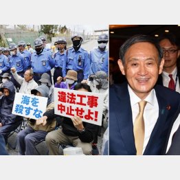 権力で反論を抑圧（写真右は菅官房長官）（Ｃ）共同通信社