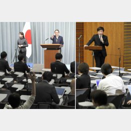 会見で、挙手する東京新聞記者を指名する菅官房長官＝左、質問中の同記者に注意を促す上村秀紀報道室長（Ｃ）共同通信社