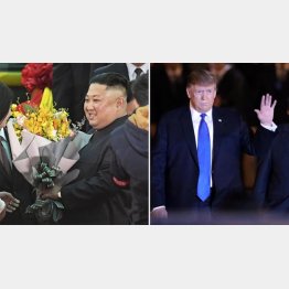 ハノイの空港に到着したトランプ米大統領（右）と歓迎される金正恩朝鮮労働党委員長（Ｃ）ロイター、共同通信社