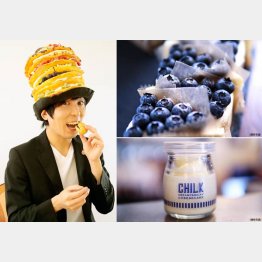 スイーツなかのさんと「cafe the sun lives here」の“ブルーベリー・チーズケーキ”と手土産お薦めの“ＣＨＩＬＫ”（右下）／（Ｃ）日刊ゲンダイ