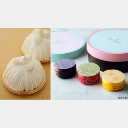 「パレス東京ホテル　ザ パレス ラウンジ」の“マロンシャンティイ”と手土産お薦め“千代まかろん”（右）／（Ｃ）日刊ゲンダイ