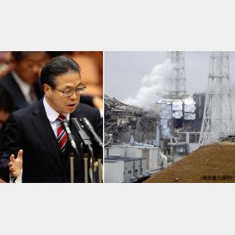 デタラメ試算に基づいて（世耕経産相。右は白煙を上げる第1原発３号機、2011年3月）／（Ｃ）日刊ゲンダイ