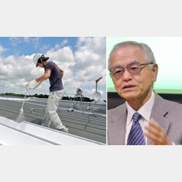 工場の天井遮熱にも使われる（右は創業者の菱木貞夫氏）／（提供写真）
