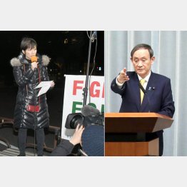 官邸前で抗議集会（左・望月記者）／（Ｃ）共同通信社