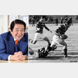 フルタイムシステムの原幸一郎社長（右は同志社大ラグビー部時代、ボールを持って走る原社長）／（Ｃ）日刊ゲンダイ