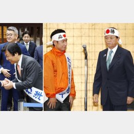 福岡は自民議員と組織の板挟みに…（武内候補の出陣式での麻生副総理＝右、左端は支援者らと握手する小川候補）／（Ｃ）共同通信社