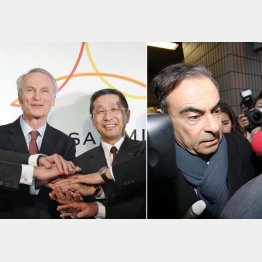 日産が仏企業になる？（左からスナール会長、西川社長、ゴーン容疑者）／（Ｃ）日刊ゲンダイ