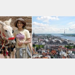 聖ペトロ教会から眺めたラトビア・首都リガの街並み、左はＳａｎｎａさん（提供　Ｓａｎｎａ）