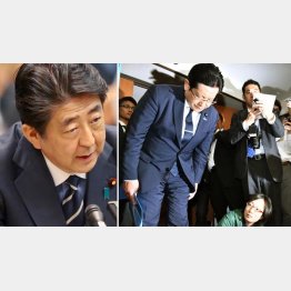 記者会見で謝罪する塚田一郎国交副大臣（左は安倍首相）／（Ｃ）共同通信社