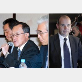 オリンパス巨額損失隠し事件（会見する高山修一社長と森久志副社長＝当時、右はマイケル・ウッドフォード元社長）／（Ｃ）日刊ゲンダイ