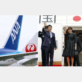 新政府専用機で欧州歴訪中の安倍首相と昭恵夫人＝右（Ｃ）共同通信社