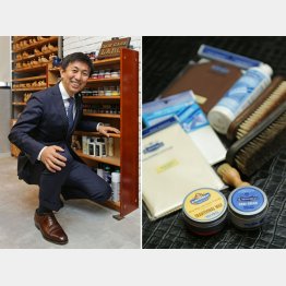R&D社長の静孝一郎さん、靴磨きの道具一式（Ｃ）日刊ゲンダイ