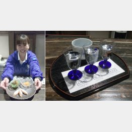 きき酒セット（右）、酒の肴三種（Ｃ）日刊ゲンダイ