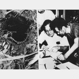 横井さんが潜んでいた洞窟（左）と洞窟を地図で示す横井さん（右端）／（C)UPI＝共同