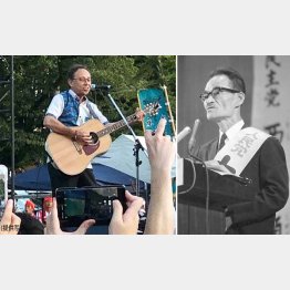沖縄の現状を訴えた後、ギターを弾き熱唱する玉城デニー同県知事（右は政治家の瀬長亀治郎＝沖縄タイムス／共同通信イメージズ）