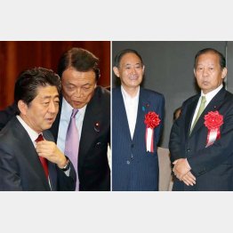 幹事長続投でシナリオは狂った（左からー 安倍首相と麻生副総理。菅官房長官と二階幹事長は急接近に…）／（Ｃ）日刊ゲンダイ
