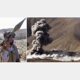 米軍の爆撃を繰り返し受けるタリバン支配地のラヘシト村（右）と迎え撃つタリバン兵士（Ｃ）共同通信社