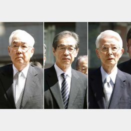 東京地裁に入る“３悪党”（右から東京電力の勝俣元会長、武黒元副社長、武藤元副社長）／（Ｃ）共同通信社