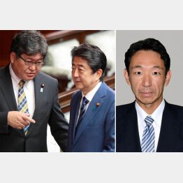 安倍首相と萩生田文科相（左）、右は上野宏史前厚労政務官（Ｃ）共同通信社