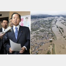 どこが「まずまず」なのか（発言を撤回する自民党の二階幹事長＝左）。堤防が決壊して冠水した長野市（右）／（Ｃ）共同通信社