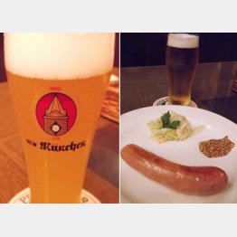 地震が起きた5時46分を示している旧店の時計台を描いたグラス（左）と人気のフランクフルトソーセージ（Ｃ）日刊ゲンダイ