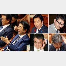 「私の任命責任」と口だけの安倍首相はヤジを飛ばし（右写真＝左上から時計回りに、辞任した菅原前経産相と河井前法相、萩生田文科相、河野防衛相）／（Ｃ）日刊ゲンダイ