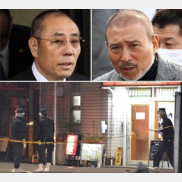 神戸山口組の古川恵一幹部が射殺された現場付近。事件直前、飲食店（奥）に幹部と朝比奈久徳容疑者が一緒にいた（上は右から司忍・6代目山口組長、井上邦雄・神戸山口組組長）／（Ｃ）共同通信社