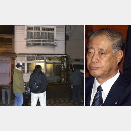 銃撃事件を受け、玉沢徳一郎元農相（右）の自宅周辺に集まった報道関係者ら＝１０日夜、盛岡市（Ｃ）共同通信社