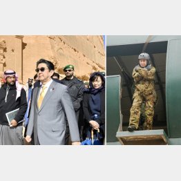 どちらも唖然とする光景（サウジの世界遺産を視察する安倍首相と降下訓練を体験する河野防衛相）／（Ｃ）共同通信社