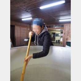 酒造りを体験する岡本さん（提供写真）