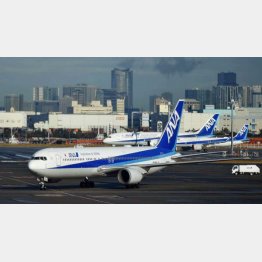 29日午前、邦人を乗せて中国・武漢から到着した日本政府の全日空チャーター機（羽田空港）／（Ｃ）共同通信社