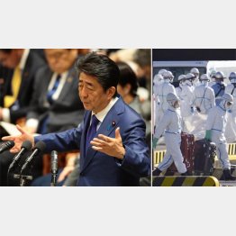 安倍首相は危機管理を利用しているのか（防護服を着用してクルーズ船に対応する関係者（右））／（Ｃ）共同通信社