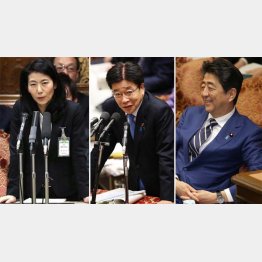 笑ってる場合か！（右から予算委での安倍首相、加藤厚労相、大坪大臣官房審議官）／（Ｃ）日刊ゲンダイ