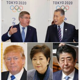 写真上から時計回りでIOCバッハ会長、組織委の森会長、安倍首相、小池都知事、トランプ大統領（Ｃ）日刊ゲンダイ