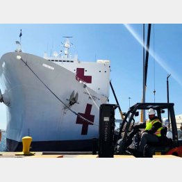 カリフォルニア州サンディエゴに停泊する病院船「USNSマーシー」号（C)ロイター／US海軍提供　