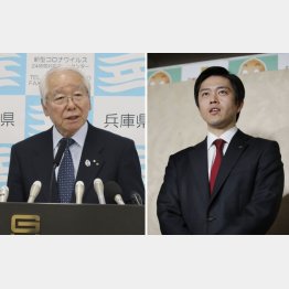 大阪府庁で取材に応じる吉村洋文知事（右）と兵庫県庁で記者会見する井戸敏三知事＝１９日（Ｃ）共同通信社