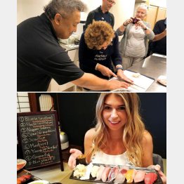 （上から）職人に鮨の握り方を教えてもらう外国人客。「はい、出来上がり！」／（提供写真）