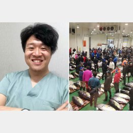 近都真侑さん（右は、豊洲市場を見学する外国人ら）／（提供写真）