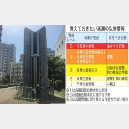 荒川の堤防と同じ高さの水位表示モニュメント「未来の塔」／（Ｃ）日刊ゲンダイ