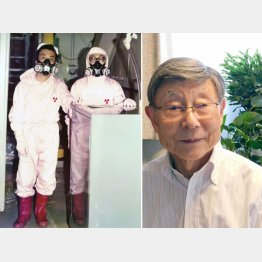 岩崎信一郎さん（右＝現在）は、理研計器に入社後、第1原発2号炉で作業（提供写真）